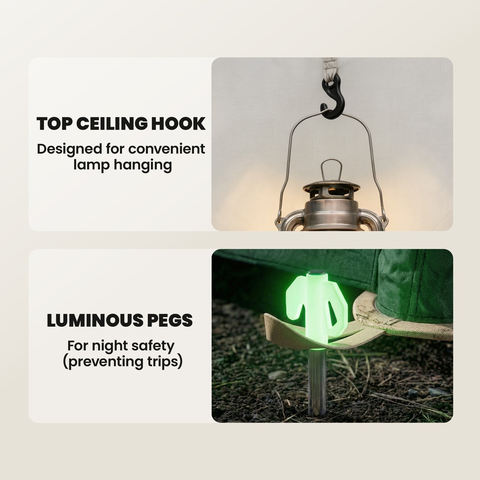 A sleek metallic camping lantern with curved handle and hook shown with beige outsunny inflatable camping tent