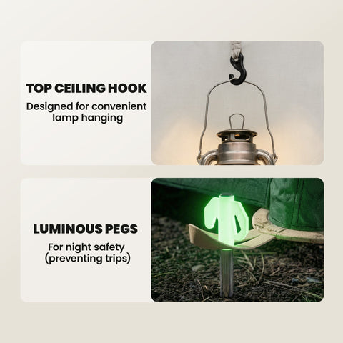 A sleek metallic camping lantern with curved handle and hook shown with beige outsunny inflatable camping tent