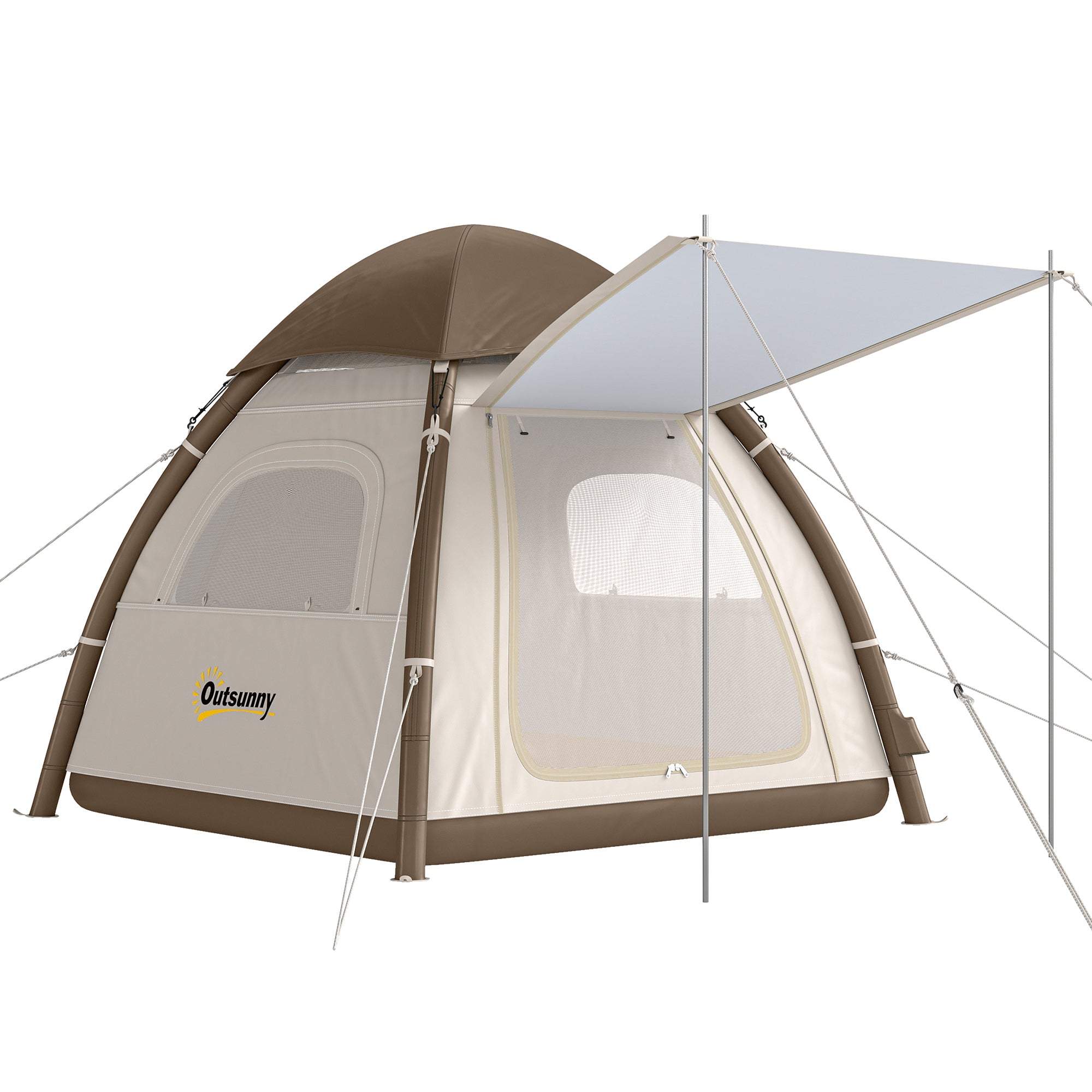 Beige and brown outsunny inflatable camping tent with mesh window side entrance and attached awning for 3 people