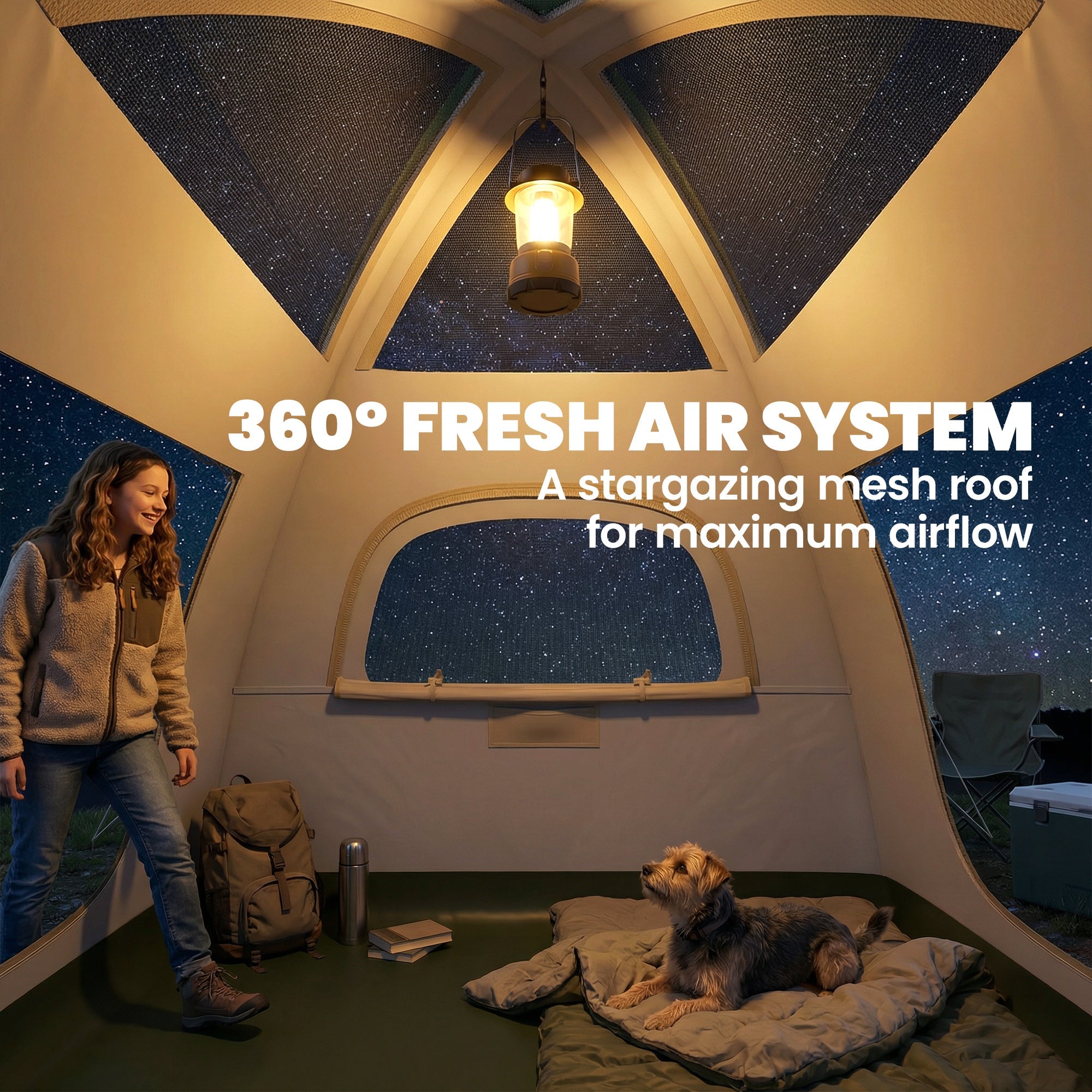 Beige outsunny inflatable camping tent with a starry mesh roof and warm lantern, perfect for inflatable camping trips