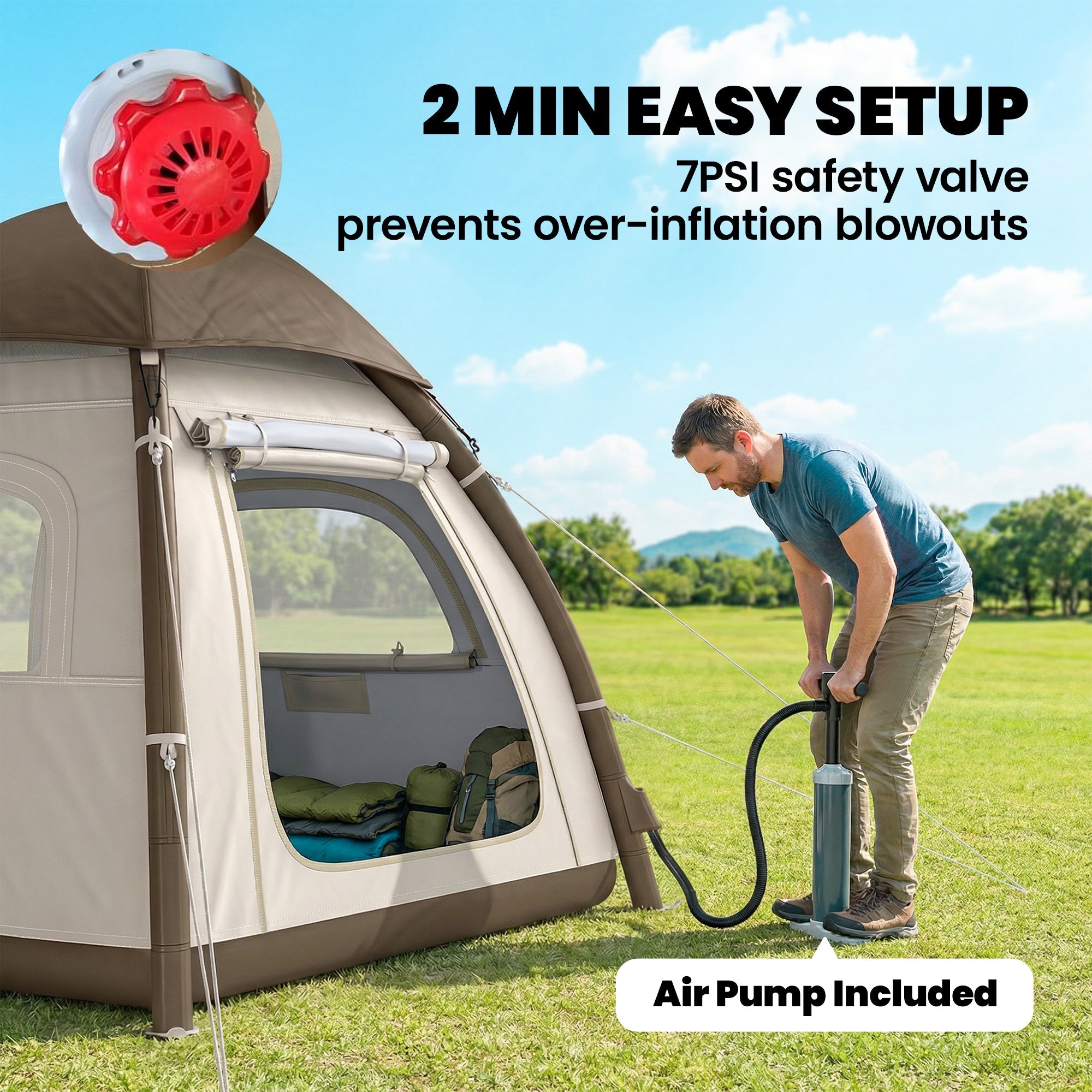 Beige and brown outsunny inflatable camping tent with built-in 7psi safety valve air pump for easy setup