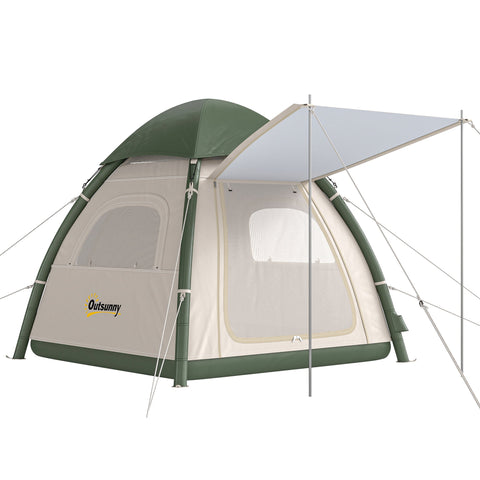 Outsunny inflatable camping tent in two-tone green and beige with mesh window panel and 3000mm waterproof rainfly
