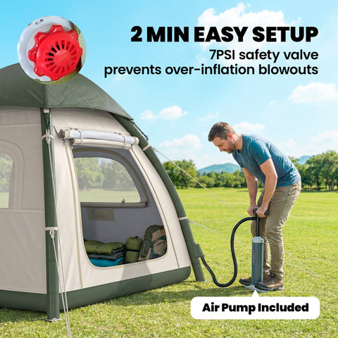 Outsunny inflatable camping tent in green and beige with red safety valve 3 man air tent 3000mm waterproof blow up tent
