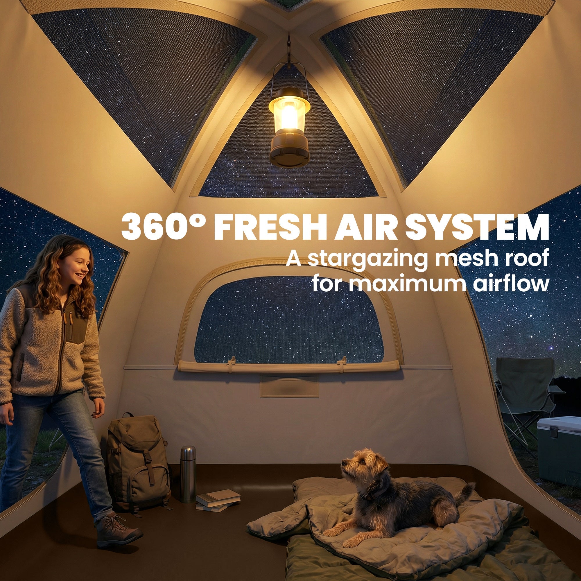 Cozy cream inflatable camping tent with starry mesh roof and arched windows for 3-person outdoor use