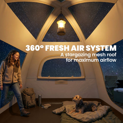 Cozy cream inflatable camping tent with starry mesh roof and arched windows for 3-person outdoor use