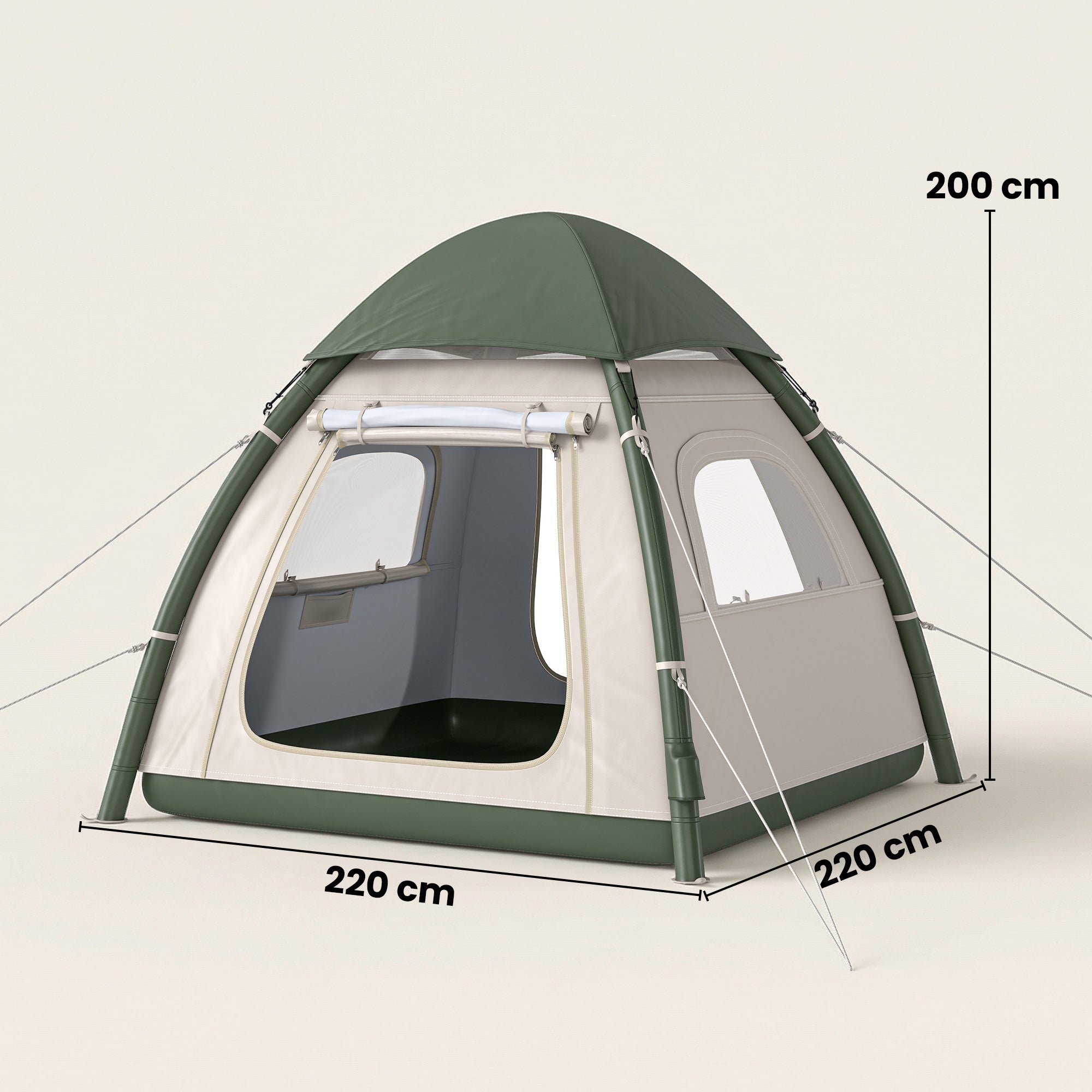 Olive green and cream inflatable camping tent with reinforced poles and transparent window panels for 3 people