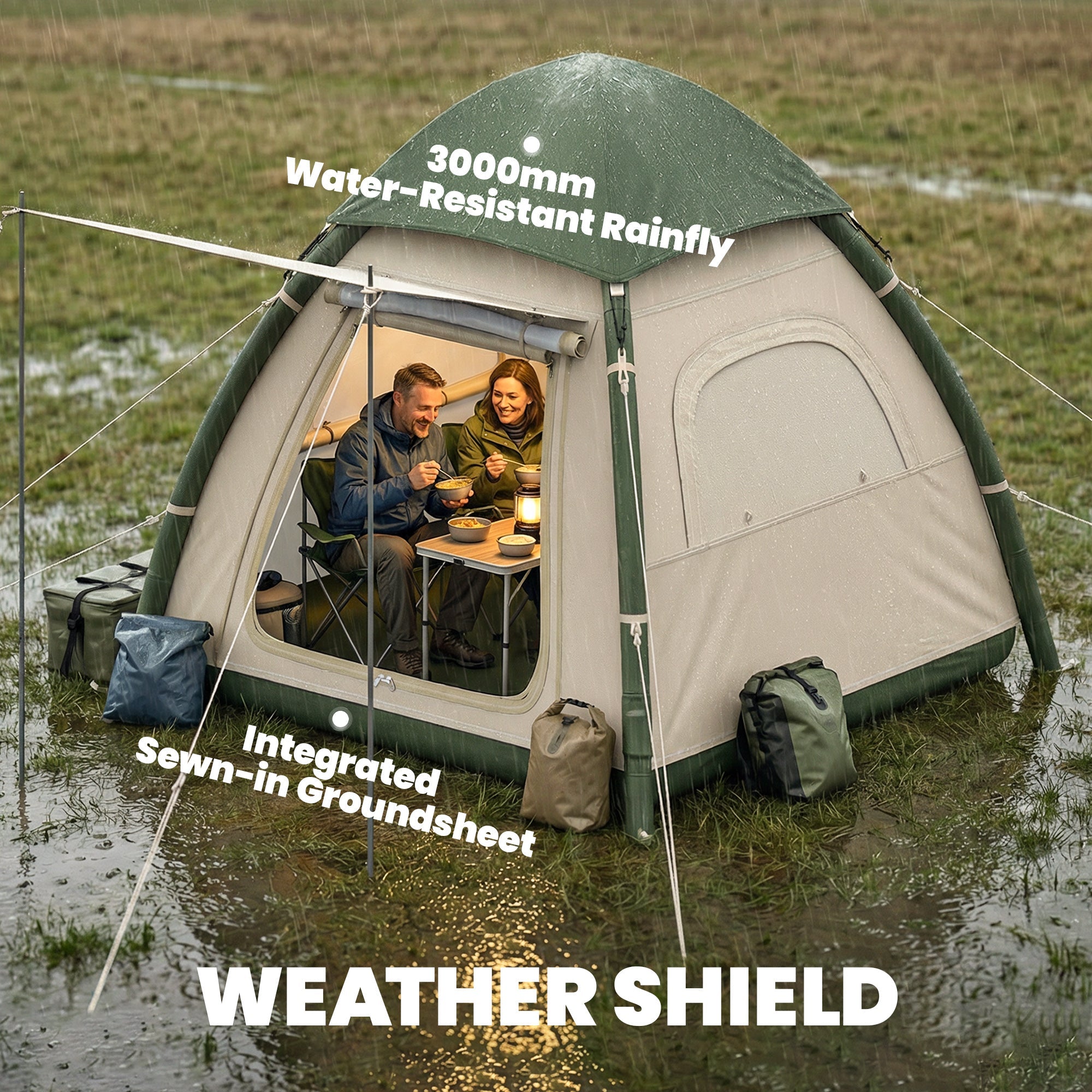 Beige and green outsunny inflatable camping tent with 3000mm waterproof rainfly for 3 man outdoor use