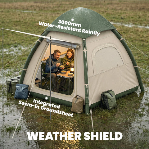 Beige and green outsunny inflatable camping tent with 3000mm waterproof rainfly for 3 man outdoor use