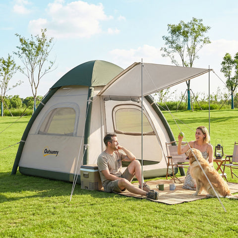 Beige and green outsunny inflatable camping tent with canopy roof 3 man waterproof air tent for camping