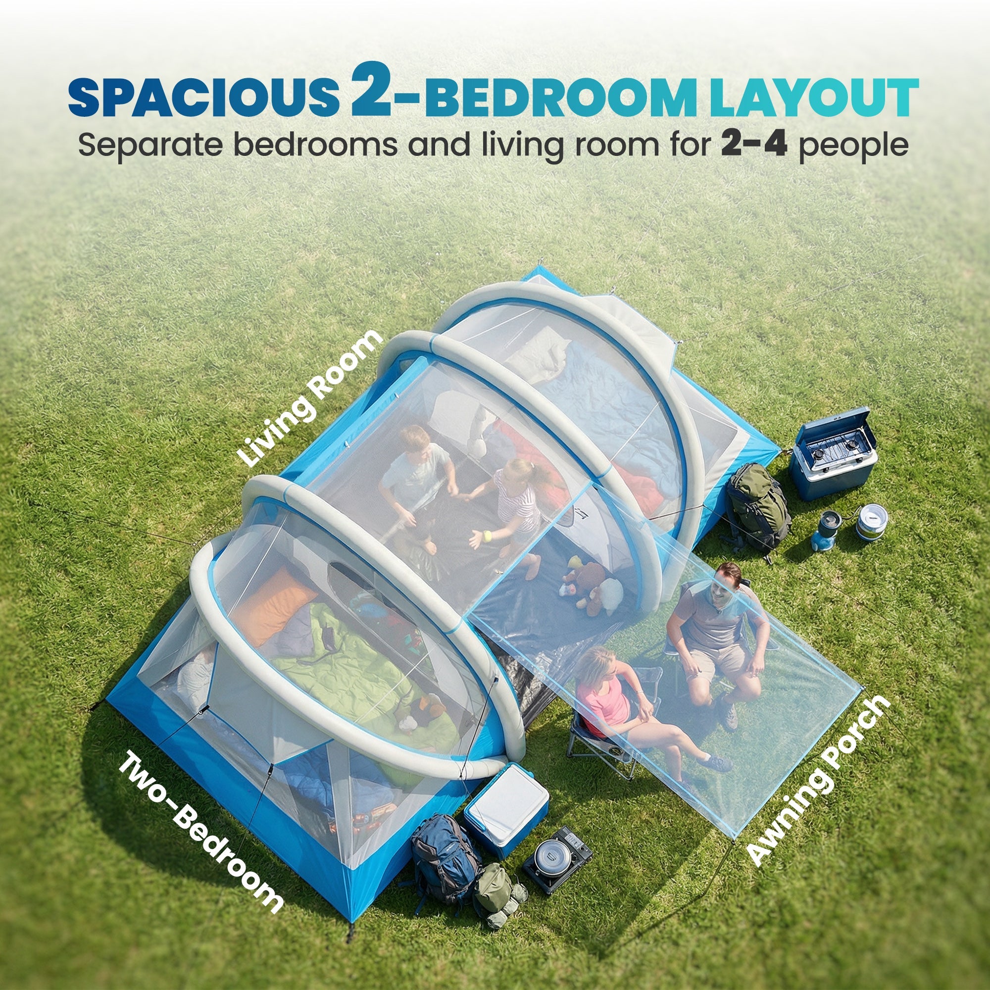 Blue outsunny inflatable two-bedroom tent with transparent mesh walls and porch area for 4 person camping