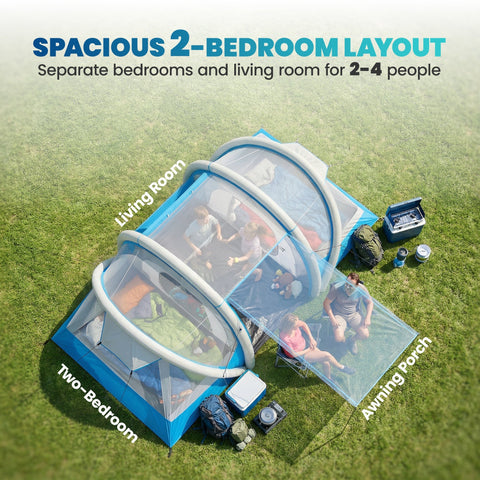 Blue outsunny inflatable two-bedroom tent with transparent mesh walls and porch area for 4 person camping