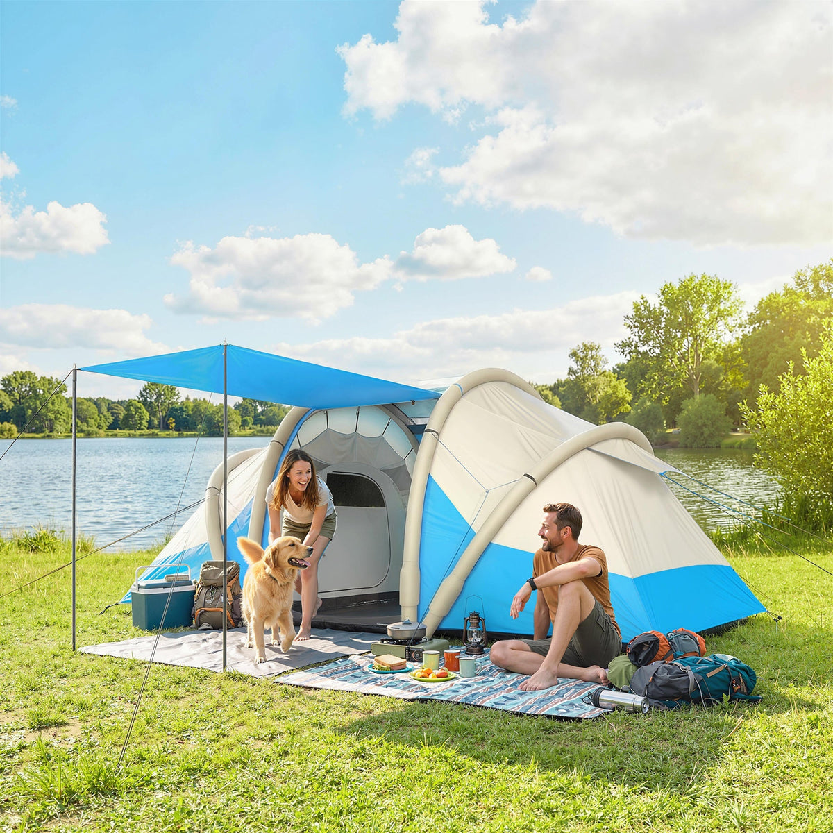 Blue and white outsunny inflatable tent with canopy roof 2 bedroom waterproof windproof air tent for 4 person