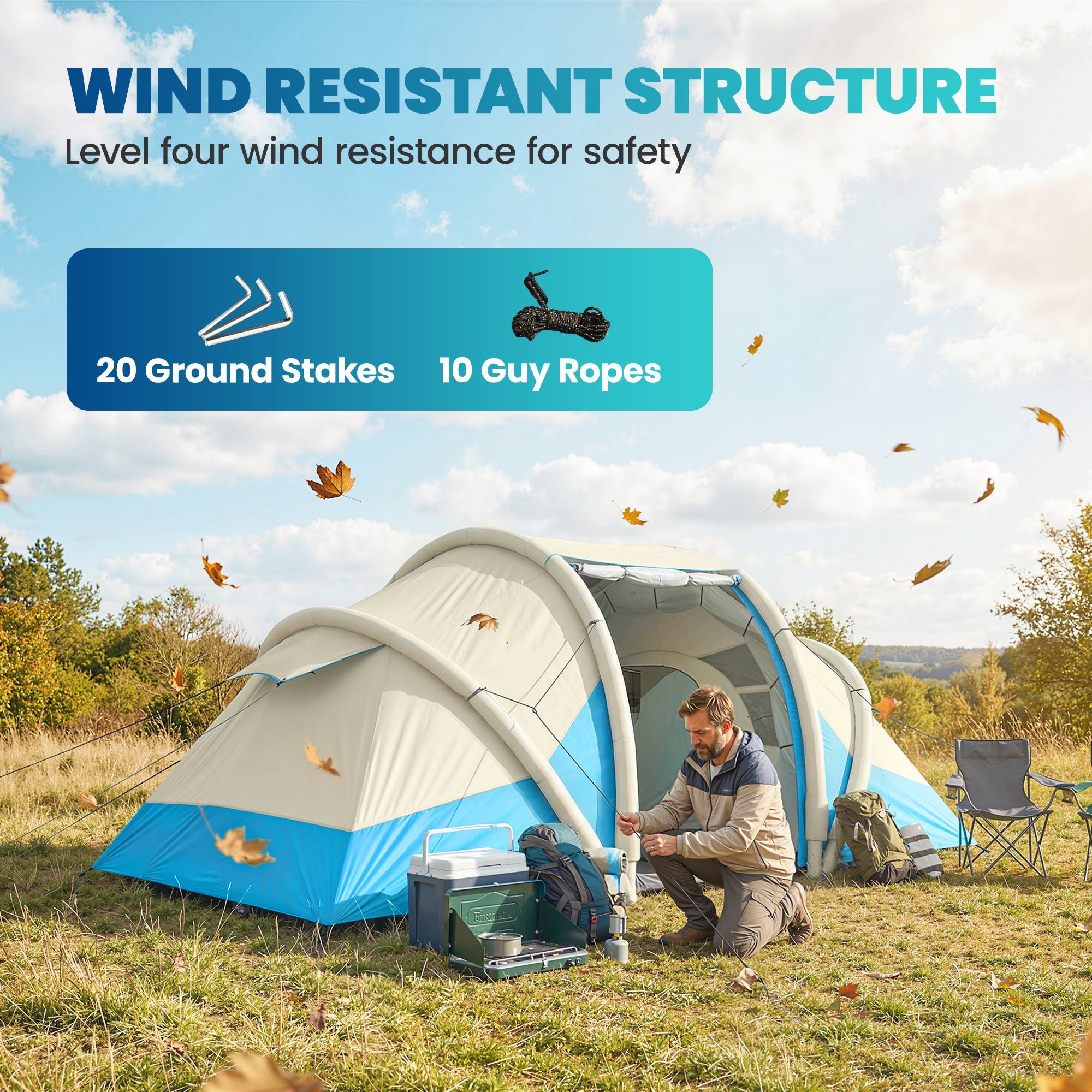Blue and white outsunny inflatable tent with wind-resistant structure for 4 person with carry bag and waterproof design