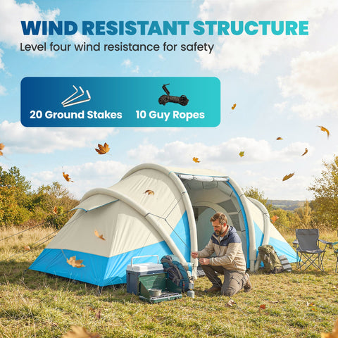 Blue and white outsunny inflatable tent with wind-resistant structure for 4 person with carry bag and waterproof design