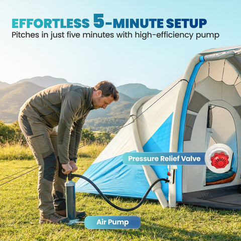 Blue and white outsunny inflatable tent with pressure relief valve and air pump for easy setup and waterproof use