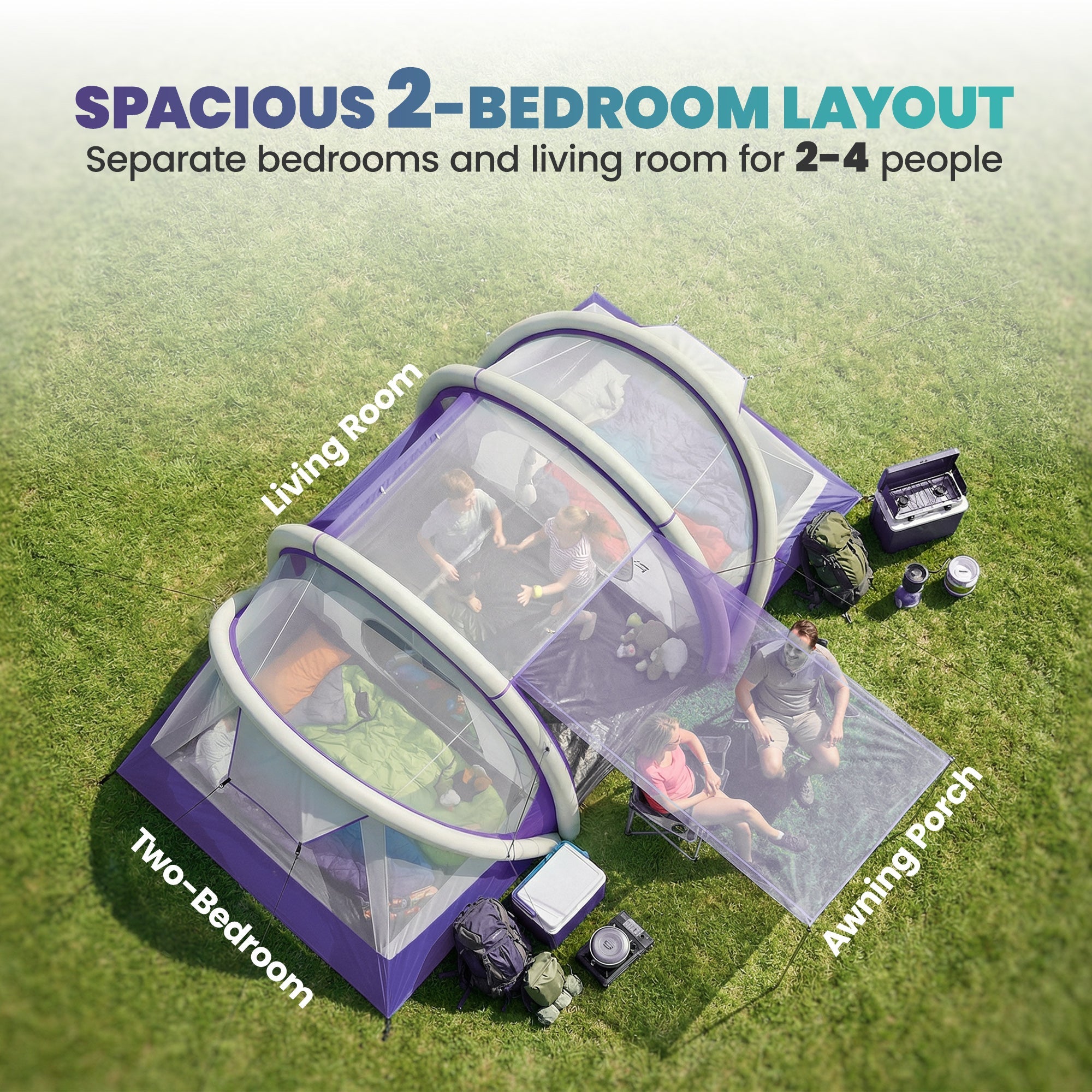 Purple and gray outsunny inflatable tent with two bedrooms mesh windows porch waterproof windproof for 4 person camping