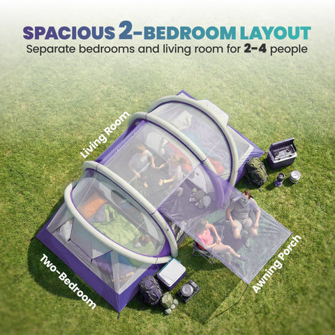 Purple and gray outsunny inflatable tent with two bedrooms mesh windows porch waterproof windproof for 4 person camping