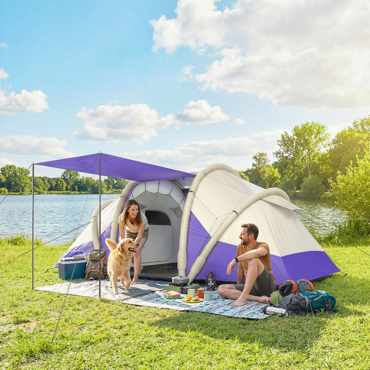 Purple and white outsunny inflatable tent with canopy waterproof windproof air tent for 4 person with carry bag