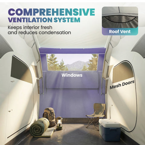 Purple outsunny inflatable tent with mesh doors, windows, and roof vents for great ventilation and waterproof protection