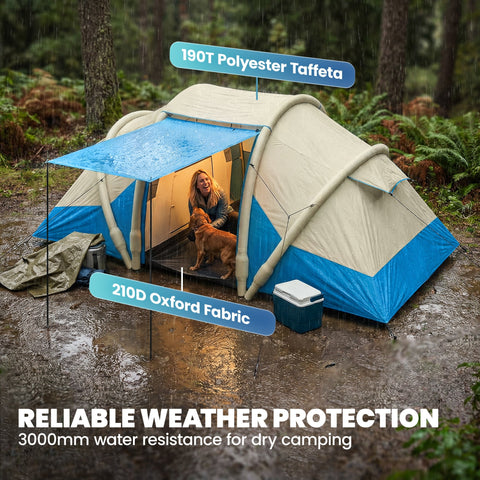 Beige and blue outsunny inflatable tent with 190t polyester taffeta roof and 210d oxford fabric walls for 4 people