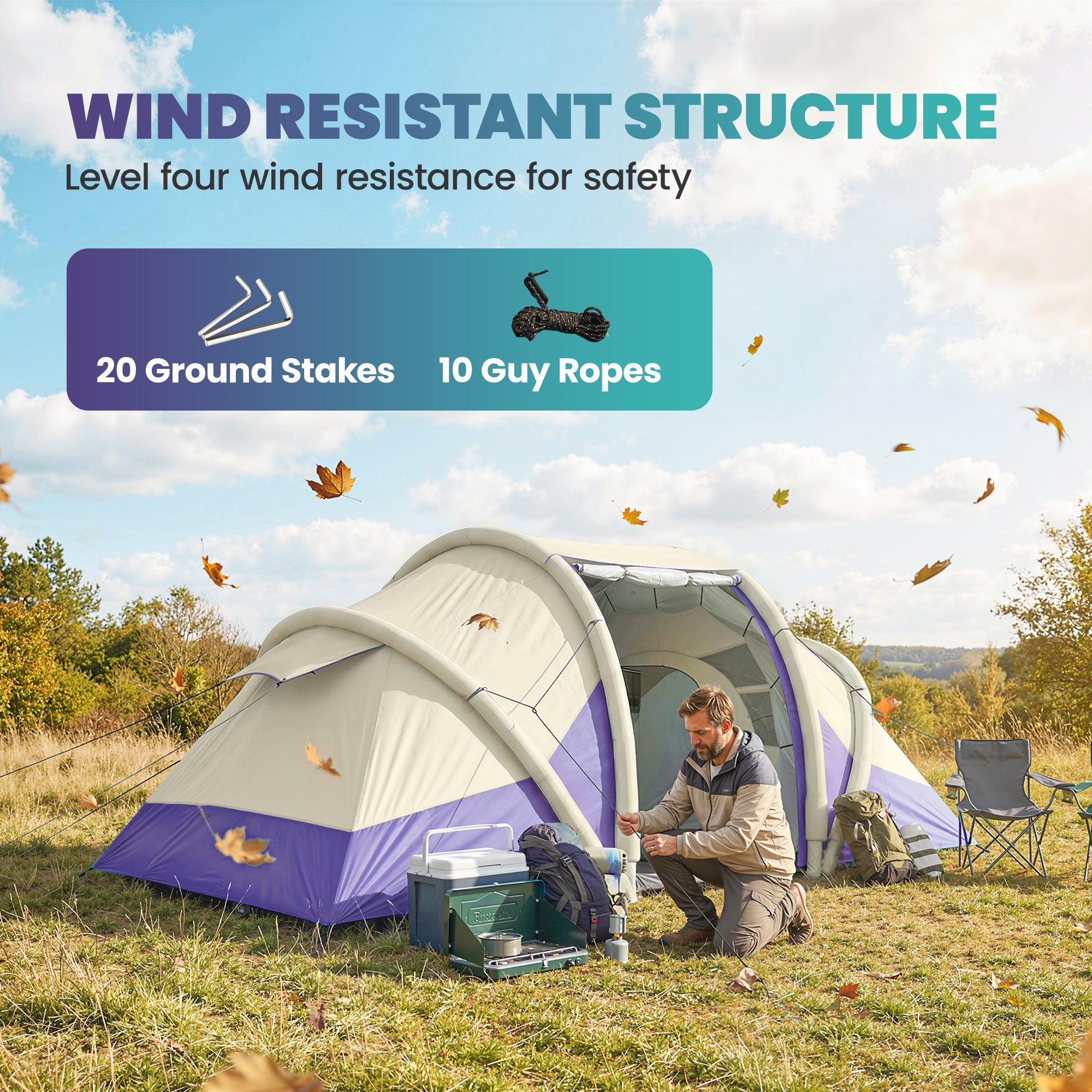 Beige and purple outsunny inflatable tent with 2 bedrooms waterproof and windproof structure for 4 persons