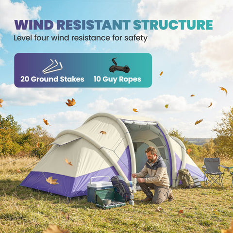 Beige and purple outsunny inflatable tent with 2 bedrooms waterproof and windproof structure for 4 persons