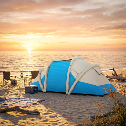 Blue and white outsunny inflatable tent set up on sandy beach at sunset with 2 bedrooms and waterproof design