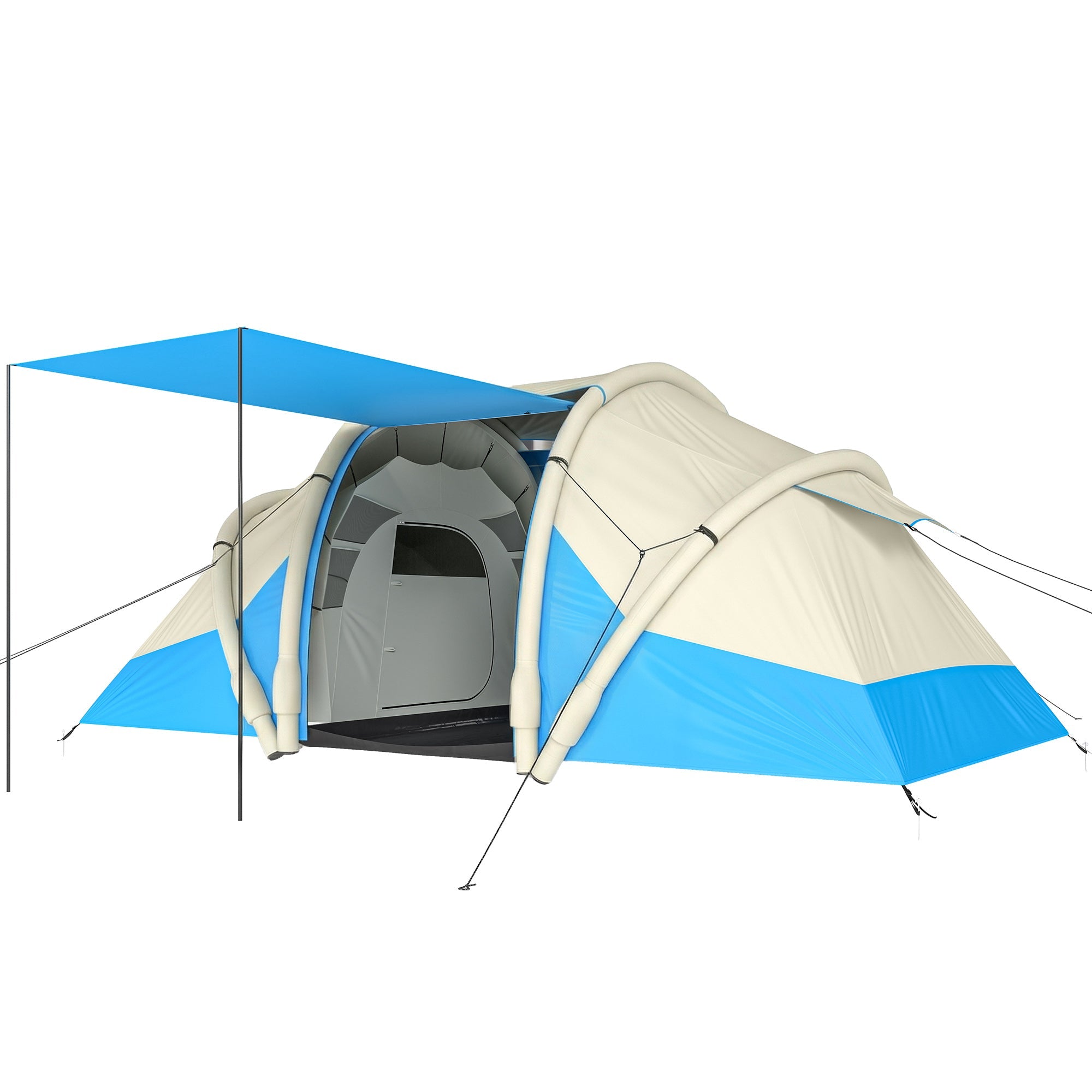 Blue and beige outsunny inflatable tent with attached awning 2 bedroom 3000mm waterproof windproof air tent for 4 person