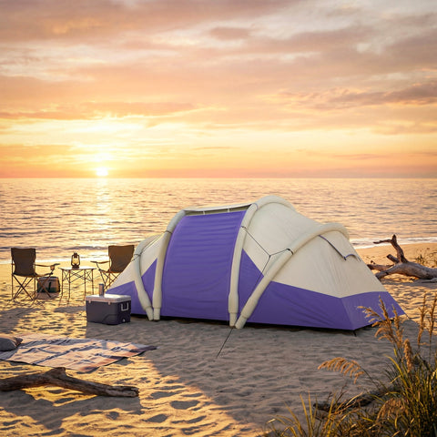 Purple and white outsunny inflatable tent set up on sandy beach at sunset with waterproof and windproof air design