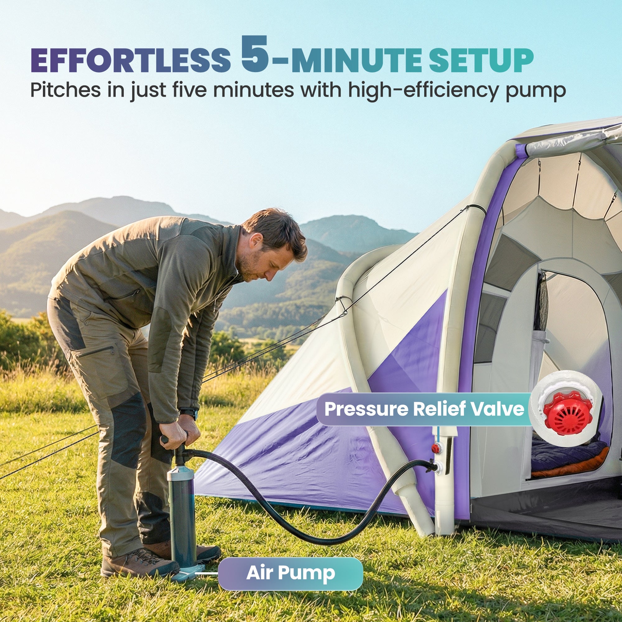 Purple and white outsunny inflatable tent with high-efficiency air pump for effortless 5-minute setup and waterproof design