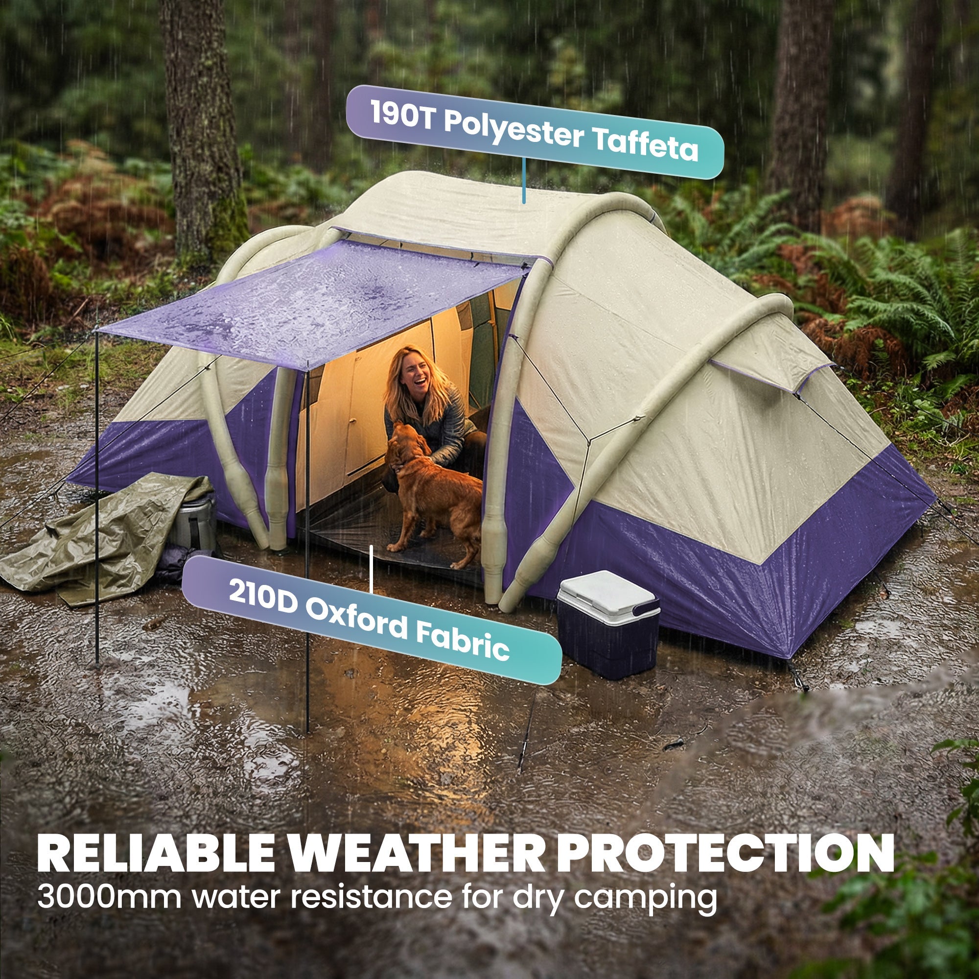 Beige and purple outsunny inflatable tent made of 190t polyester taffeta and 210d oxford fabric for weather protection