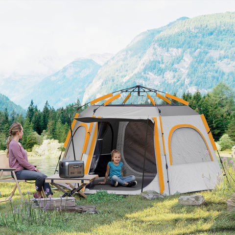 Outsunny instant camping tent in gray and orange with spacious interior made of durable 210d oxford fabric for outdoor use