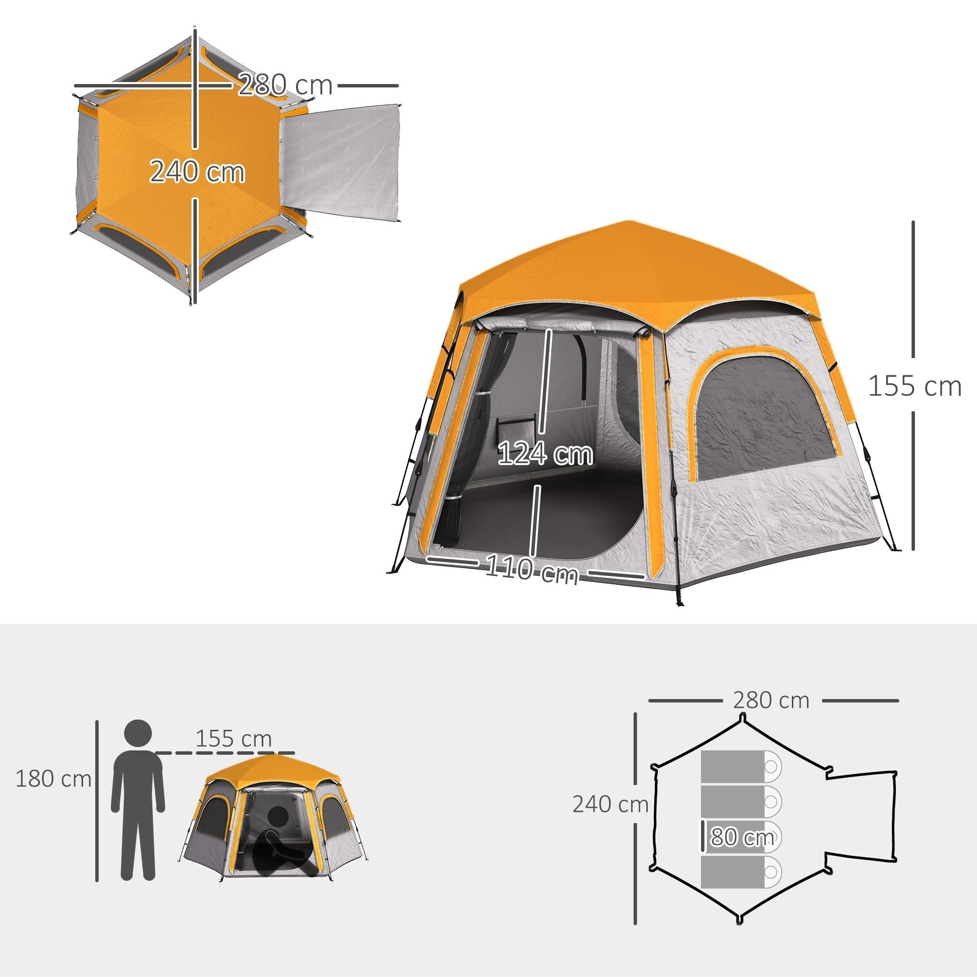 Orange and gray hexagonal outsunny instant camping tent made with 210d oxford fabric featuring mesh windows and easy setup