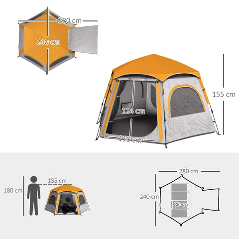 Orange and gray hexagonal outsunny instant camping tent made with 210d oxford fabric featuring mesh windows and easy setup