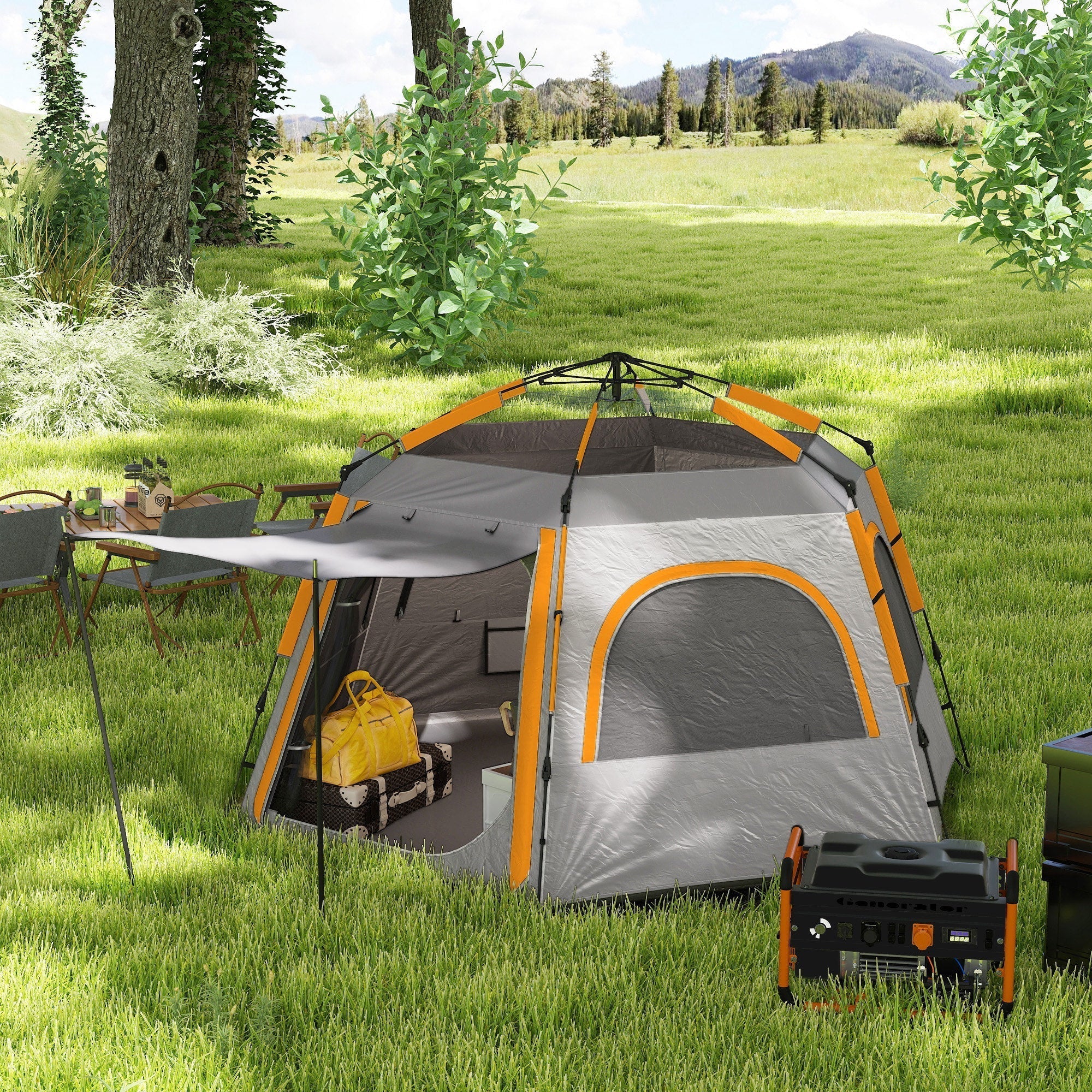 Gray and orange outsunny instant camping tent with mesh window made of 210d oxford fabric in grassy field