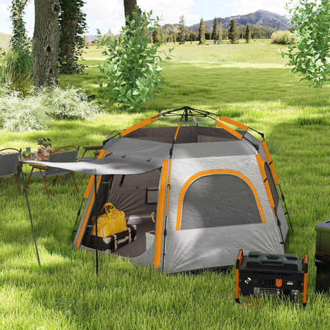 Gray and orange outsunny instant camping tent with mesh window made of 210d oxford fabric in grassy field
