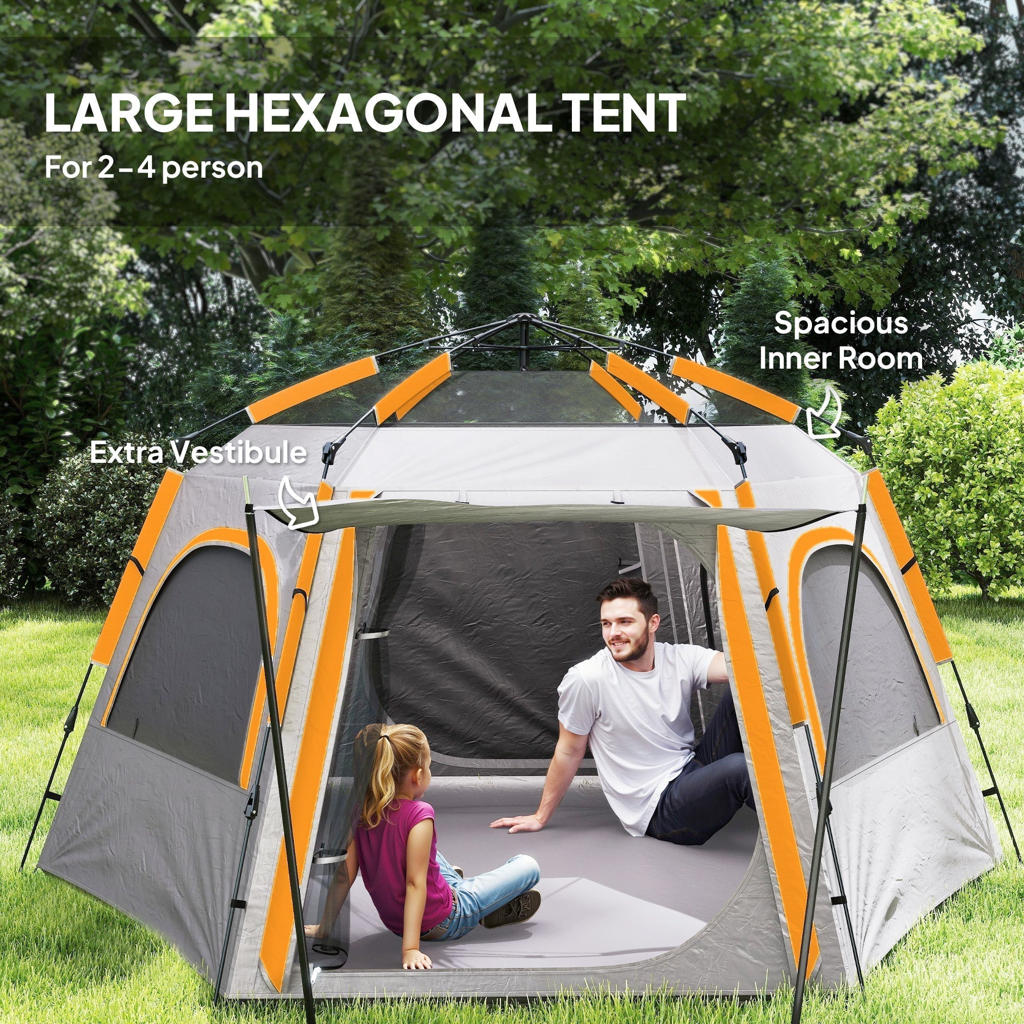 Outsunny instant camping tent in light grey with orange hexagonal design, made of durable 210d oxford fabric with vestibule and mesh windows