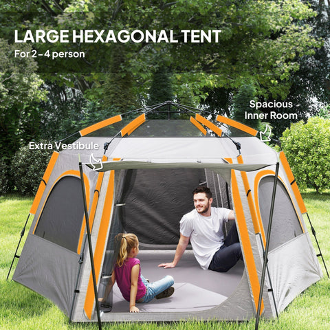 Outsunny instant camping tent in light grey with orange hexagonal design, made of durable 210d oxford fabric with vestibule and mesh windows