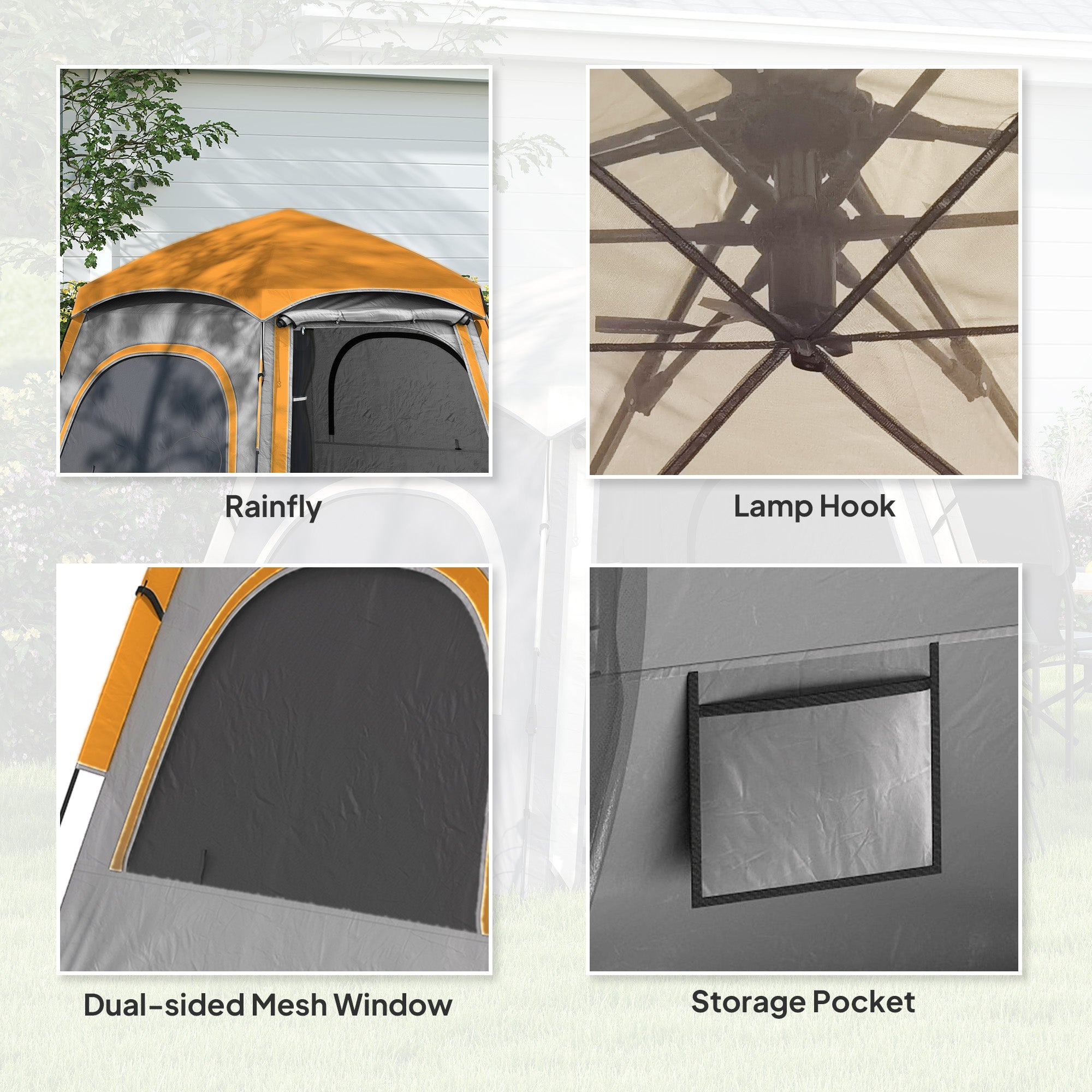 Outsunny instant camping tent in orange and gray with dual mesh windows rainfly and 210d oxford fabric material