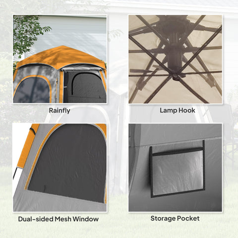 Outsunny instant camping tent in orange and gray with dual mesh windows rainfly and 210d oxford fabric material