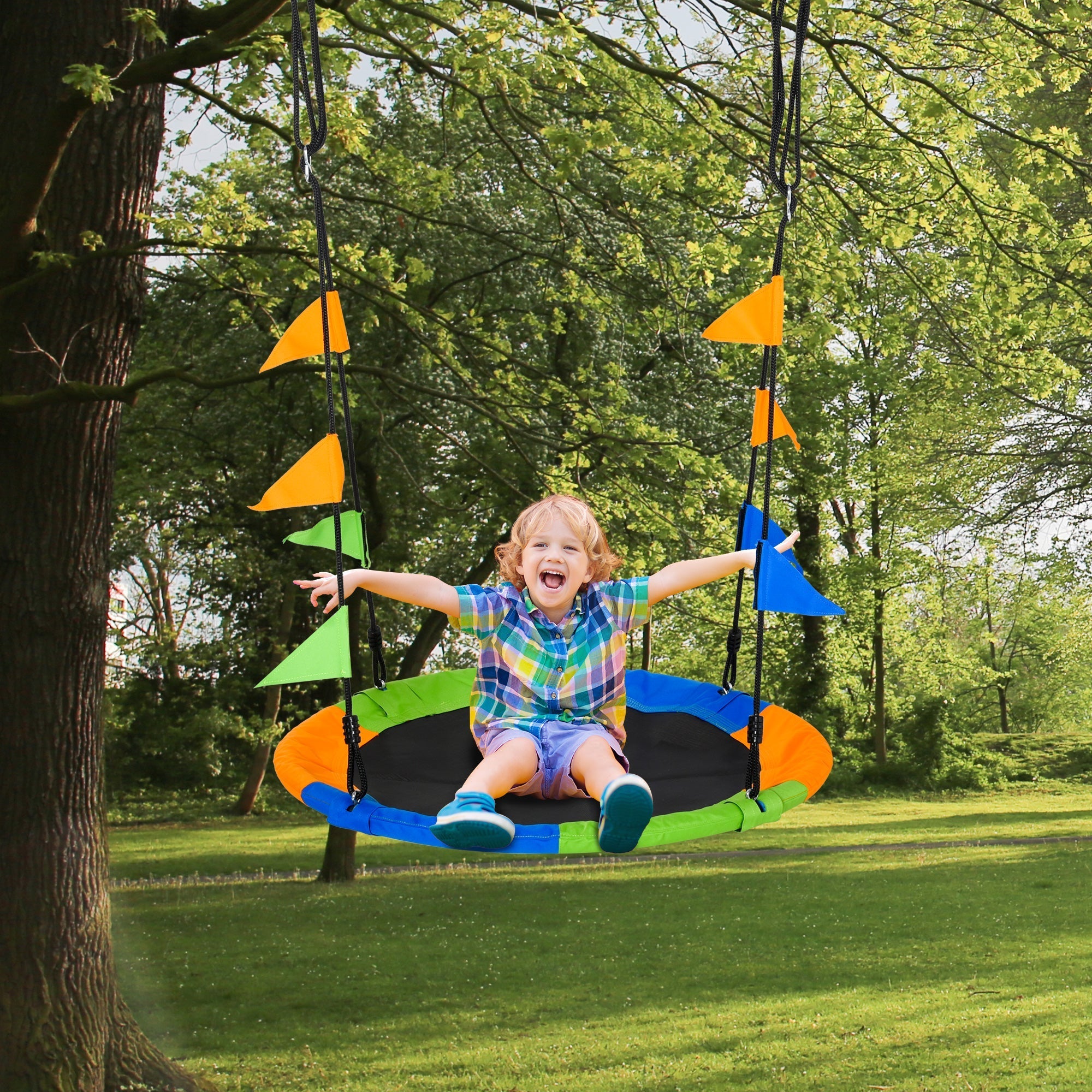 Colorful outsunny kid nest tree swing with black cushioned swing seat and metal frame for kids over 3 years old