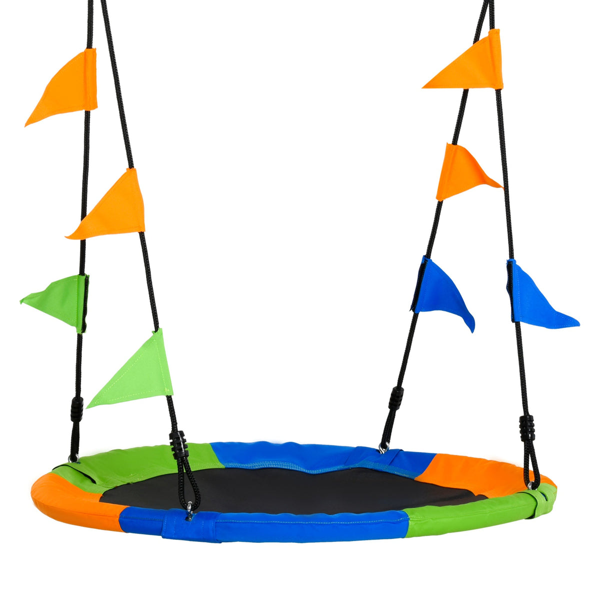 Outsunny kid nest swing seat with colorful padded edges, black metal frame, and adjustable ropes for tree swing use