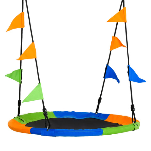 Outsunny kid nest swing seat with colorful padded edges, black metal frame, and adjustable ropes for tree swing use