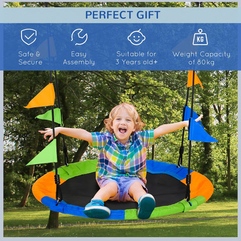 Colorful outsunny kid nest swing seat with black center, metal frame, oxford fabric, and adjustable ropes for outdoor fun