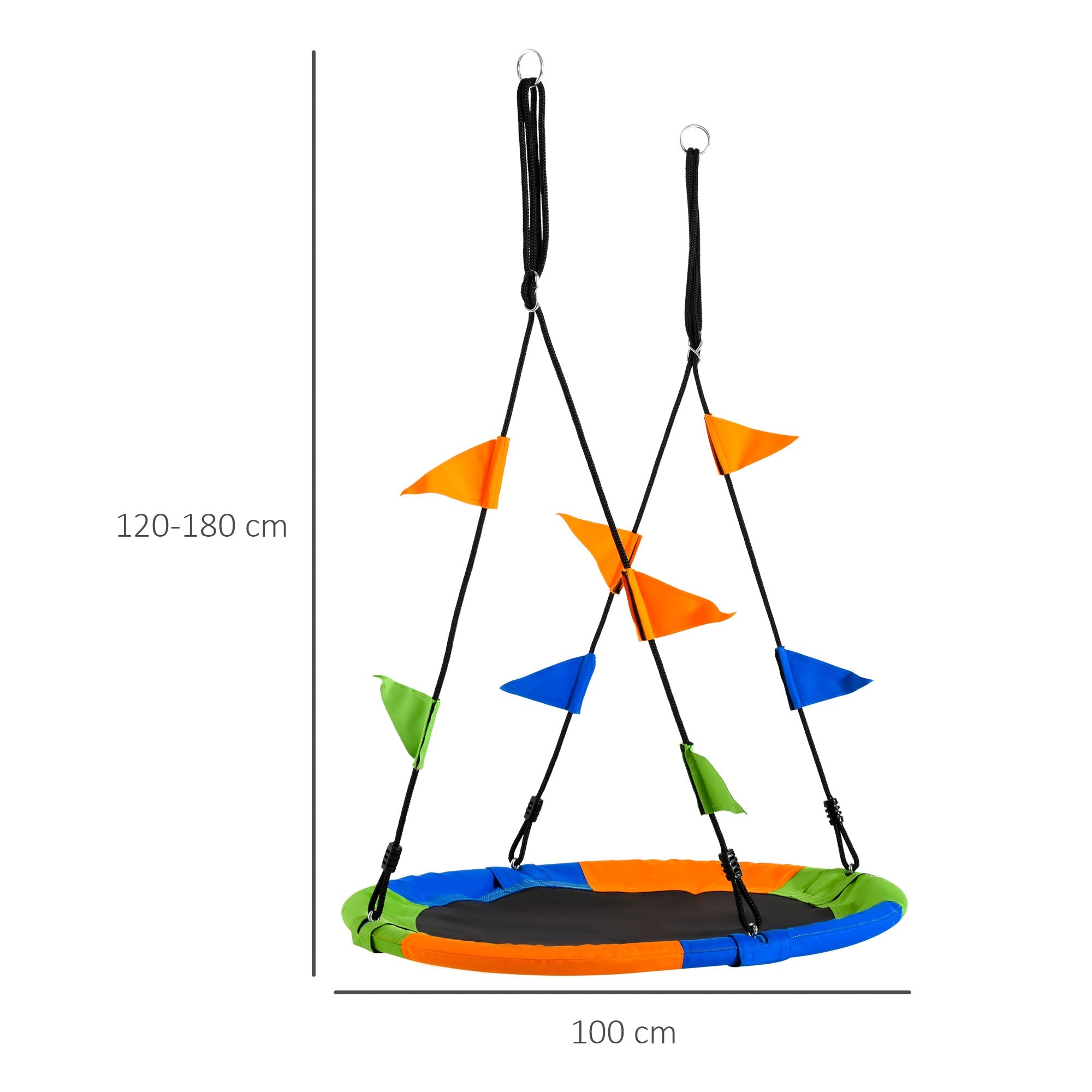 Colorful multi-colour kids nest swing seat with black straps and adjustable rope for tree swing use outdoors or indoors