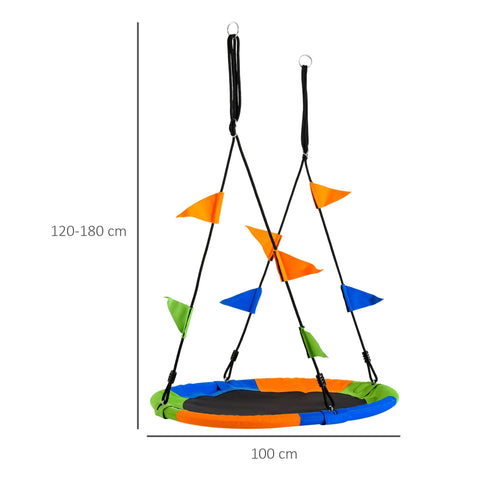 Colorful multi-colour kids nest swing seat with black straps and adjustable rope for tree swing use outdoors or indoors