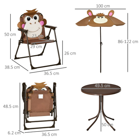 Brown monkey design foldable kids camping chair with fabric seat and adjustable sun umbrella for outdoor use