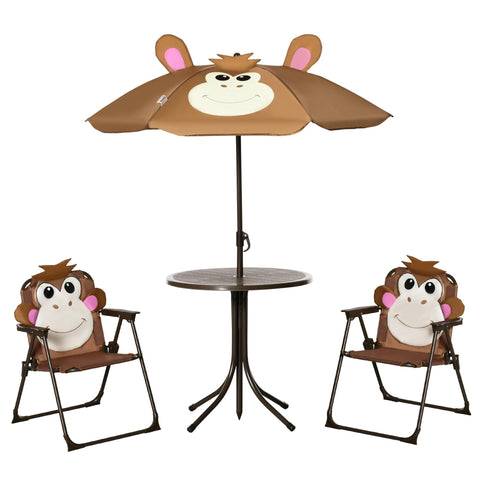 Brown monkey design kids bistro set with sun umbrella and folding chairs made from durable fabric over metal frames