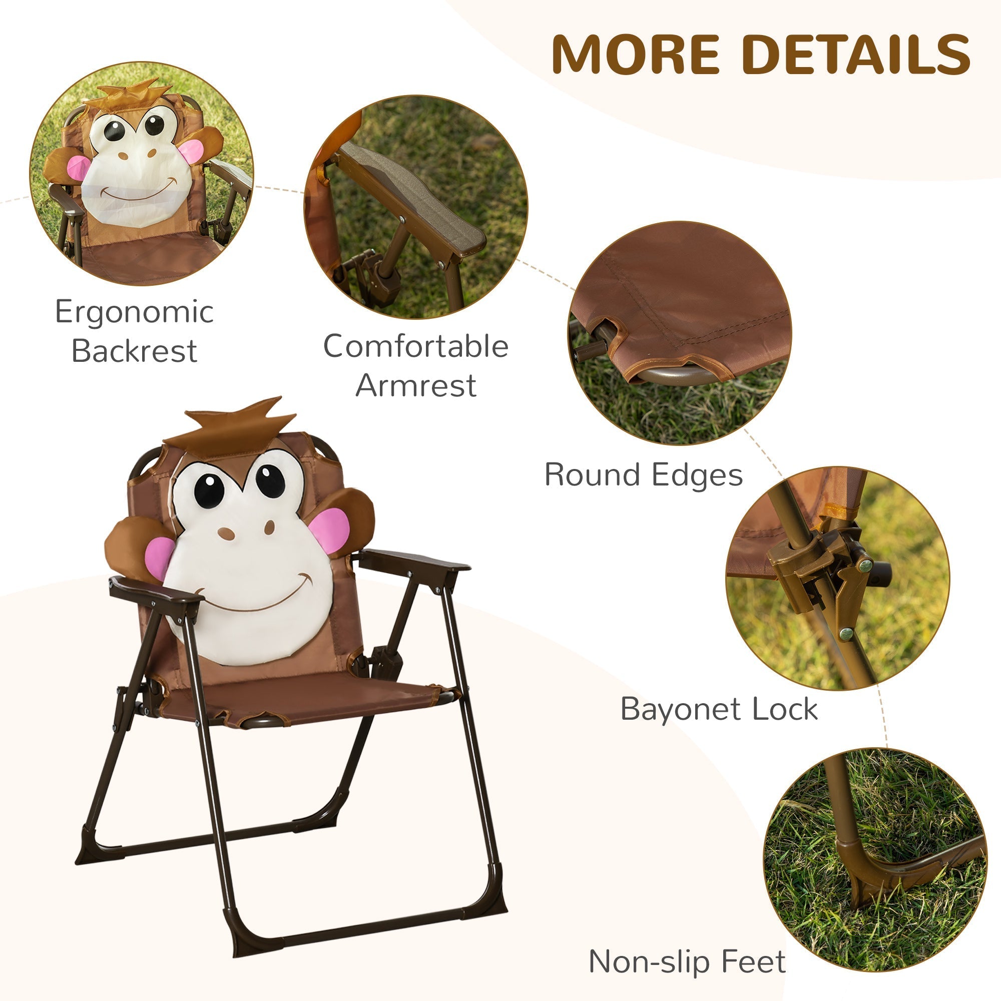 Brown monkey design folding chair with plush smiling face and adjustable sun umbrella for kids outdoor use