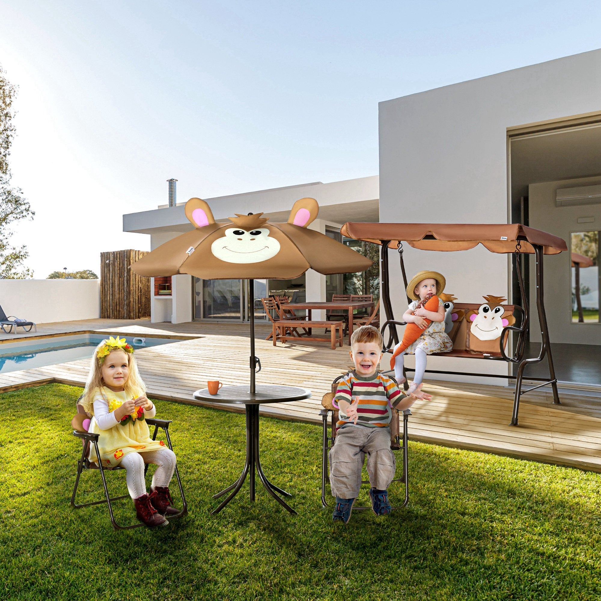 Brown monkey design sun umbrella with pink ears and smiling face on outsunny kids bistro patio set for ages 3 to 6